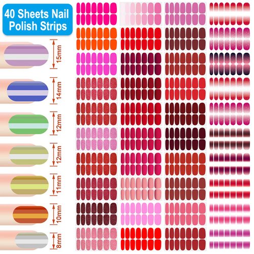 DANNEASY 40 Sheets Red Nail Wraps for Women Solid|Glitter|Gradient Nail Polish Stickers Full Nail Polish Strips Gel Nail Strips Self Adhesive Fingernail Sticker Nails with Nail File, Cuticle Stick