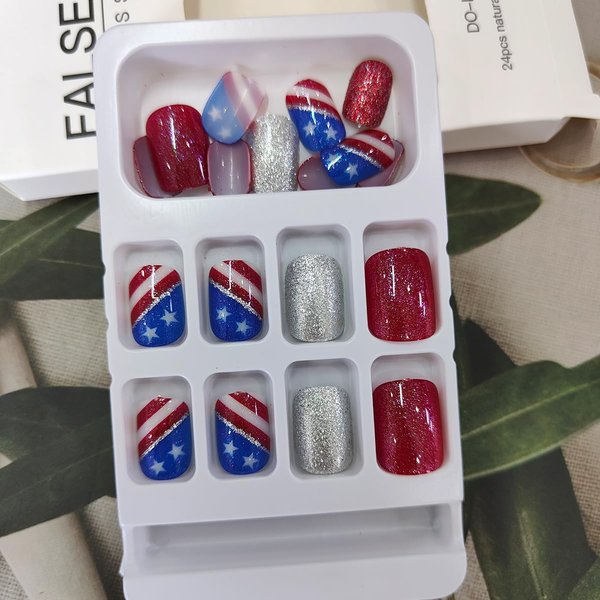 4th of July Press on Nails Short Fake Nails Red Blue White American Flag False Nails with Designs Glitter Patriotic Acrylic Nails Glue on Nails for Women DIY Independence Day Nail Art Decoration