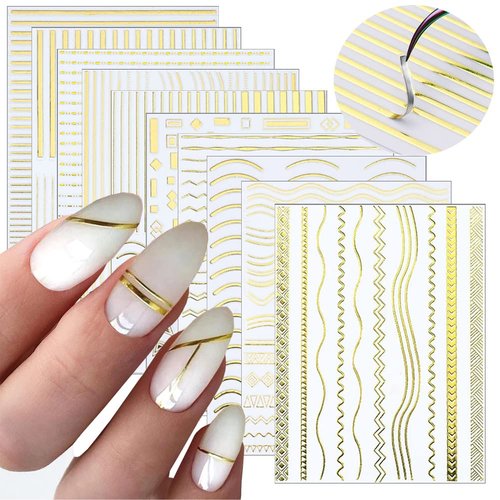 10 Sheets Gold Lines Nail Art Stickers Decal,Metal Geometric Stripe Wavy Line Self Adhesive Nail Decals French Classic Simple 3D Designs Nail Foil Stickers Sliders Manicure Decorations for Women Girls