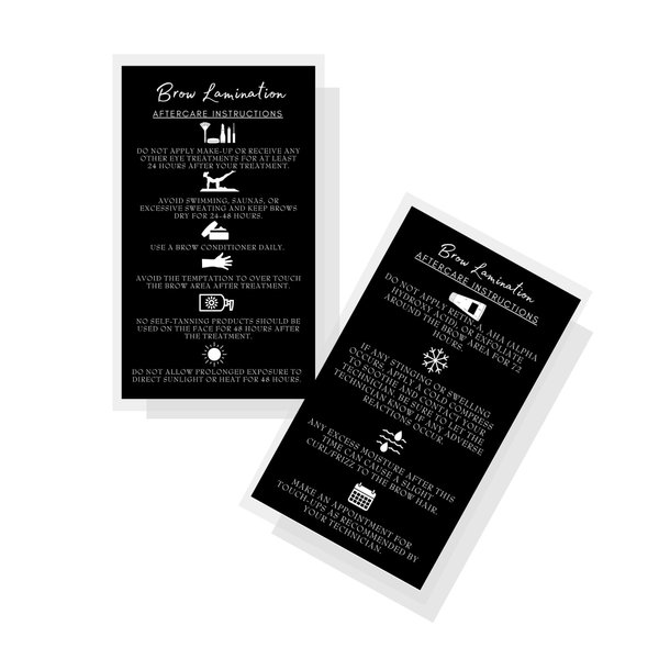 Brow Lamination Aftercare Instruction Cards | 50 Pack | 2x3.5” inches Business Card Size | Starter Lift Kit At Home DIY Brow Lift and Tint | Snatched Brows Black with White Icons Design