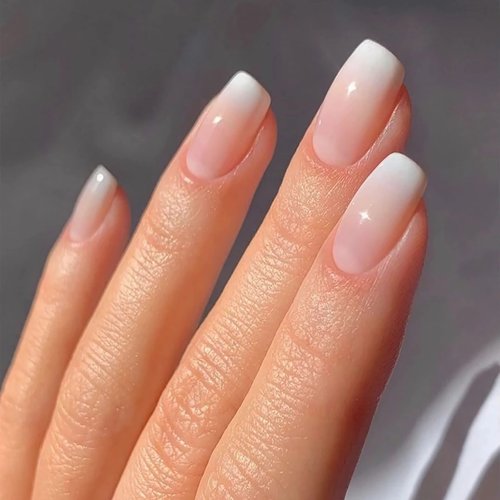 Qsnidy Ombre Glossy Press On Nails Medium Length Square Acrylic Fake Nails, French Full Cover False Nails for Women and Girls, 24 Nails in 12 Sizes