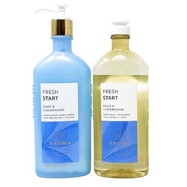Generic Bath and Body Work Aromatherapy Fresh Start SAGE & CEDARWOOD Duo Gift Set - Body Lotion and Body Wash + Foam Bath - Full Size