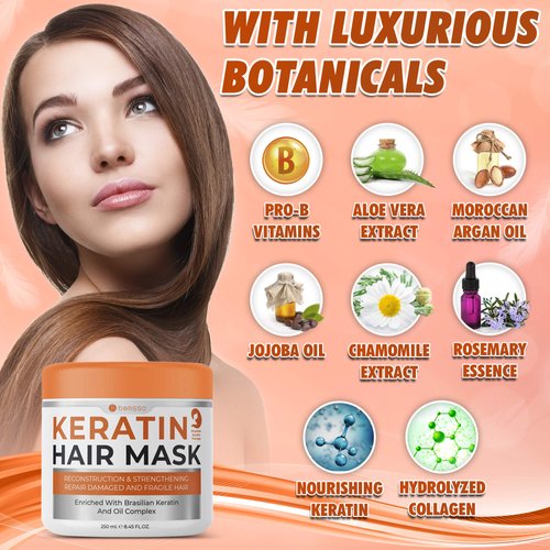 Bellisso Keratin Hair Mask - Sulfate Free, Deep Moisturizing Conditioner for Dry Damaged Hair, 200ml