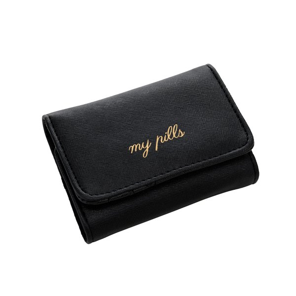 Miamica Snap Closure “My Pills ” Pill Case with 8-Day Removable Plastic Medicine Organizer, Black, 3.5” L x 4.6” W x 1.75” H – Keep Your Vitamins and Pills Organized – Compact and Sleek Pill Box