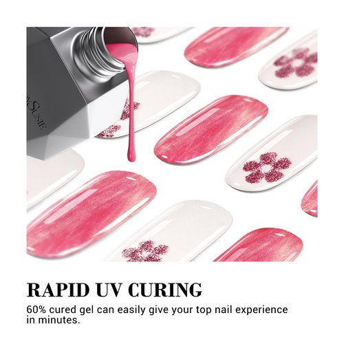 MelodySusie 30PCS Semi Cured Gel Nail Strips (Pink Glitter Flower), Works with Nail lamp, Salon Quality, Long Lasting, Easy to Apply and Remove, Includes 2 Prep Pads, Nail File and Wooden Stick