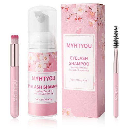 Eyelash Extension Cleanser, Upgraded Eyelash Extension Shampoo 60ML+Mascara Wand+Brush Eyelash Foam Cleanser For Extensions and Natural Lashes,Paraben & Sulfate Free, Salon and Home Use