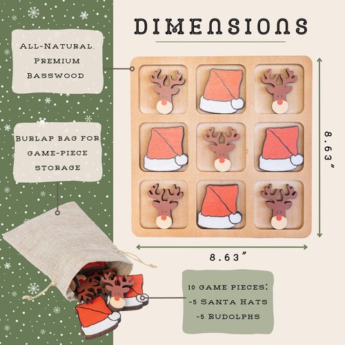 Christmas Tic Tac Toe Game, Santa vs Rudolph Holiday Coffee Table Decor, Versatile Home Accents Natural Wood Tic Tac Toe Board for Classic Two Person Games, 8.63 Inches Tic Tac Toe, Two Ways to Play