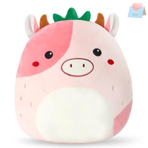 CozyWorld 12" Strawberry Cow Plush Pillow Stuffed Animals Original Plushie Cute Soft for Boys Girls