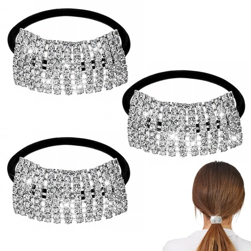 3 Pcs Rhinestone Ponytail Holder, Elastic Hair Tie, Sparkling Crystal Rhinestone, Rhinestone Hair Ties, Fancy Crystal Hair Ties, Headband Hair Accessories for Women Girls (Silver Style)