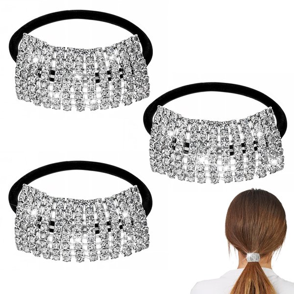3 Pcs Rhinestone Ponytail Holder, Elastic Hair Tie, Sparkling Crystal Rhinestone, Rhinestone Hair Ties, Fancy Crystal Hair Ties, Headband Hair Accessories for Women Girls (Silver Style)