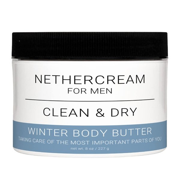 NetherCream for Men: Clean & Dry - Winter Body Butter | Coconut Oil & Raw Shea Butter with Vitamin E, Reduce Sweat, Remove Odor, Stay Clean & Dry, 8 Fl oz