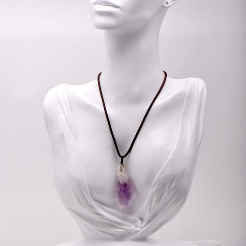 Paialco Big Natural Amethyst Quartz Crystal Point Pendant Necklace, Cord String