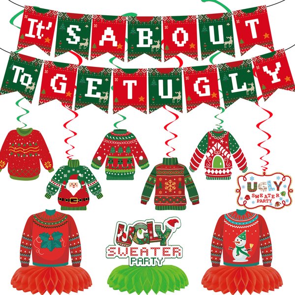 Ugly Sweater Christmas Party Decorations,It's About To Get Ugly Sweater Christmas Banner,Hanging Swirls and Table Decorations Honeycomb Centerpieces for Ugly sweater Christmas Party Supplies