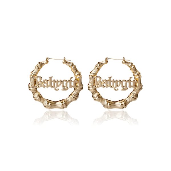 Gold Silver Plated Big Bamboo Hoop Earrings for Women Girls Hip-Pop Style Party Jewelry(B:Gold babygirl)