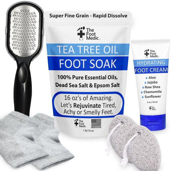 Foot Soaking Set for Basin or Tub, Made in USA: 16 oz Tea Tree Oil Foot Soak with Epsom Salt, Moisturizing Socks, Pumice Stones, Foot Cream & Foot File, Foot Care Gift, Foot Spa Kit, Pedicure Foot Spa