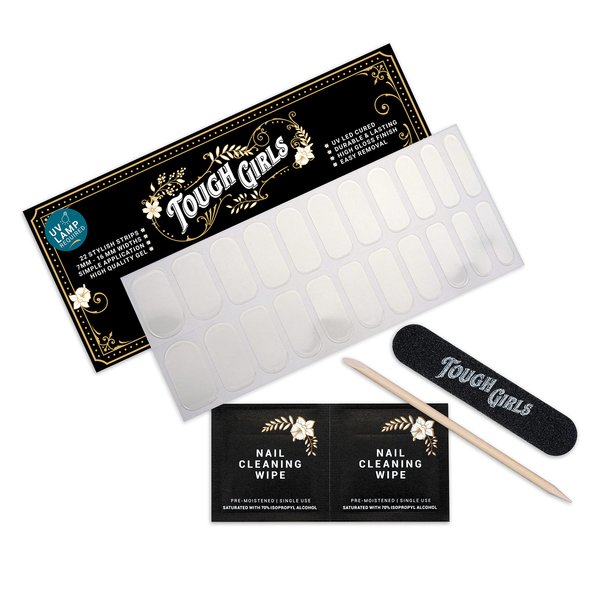 TOUGH GIRLS | 22 Semi-Cured Gel Nail Polish Strips | Brighter, Thicker, Tougher | UV LED Lamp Use Required | Includes Cuticle Stick, Nail File, Nail Wipes (Clear Gloss)