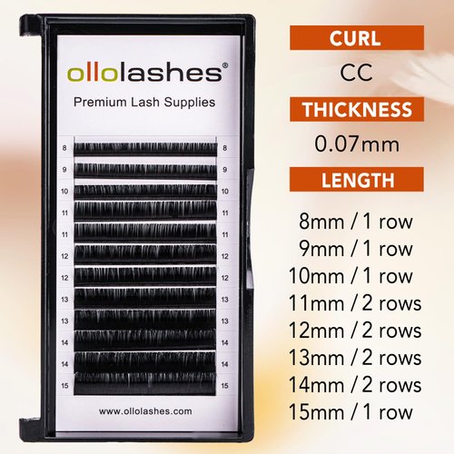 OLLOLASHES Lash Trays for Lash Extensions B/C/CC/D/J Curl Mix4-20mm 0.03-0.15 thickness Super Matte Eyelash Extensions, Professional Supplies for Lash Techs (CC-0.07, 8-15mm)
