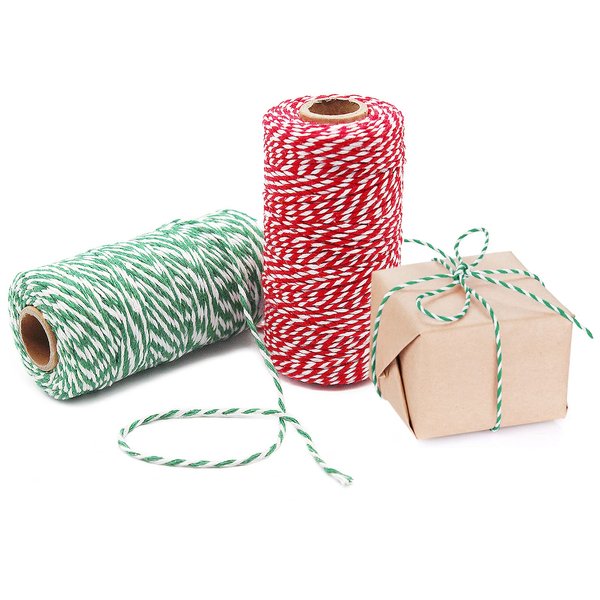 Benvo Pack of 2 Green White Cotton Twine and Red White Packing String Christmas Xmas Twine Rope Ribbon Cord for Baking, Butchers, DIY Crafts Wrapping Ornaments Hanging 656 ft Long