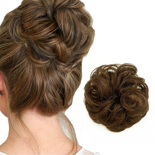 Bestac 1PCS Messy Bun Hair Pieces Wavy Curly Scrunchies Synthetic Chignon Hair Extensions Updo Hairpieces for Women Girls (Light Brown)