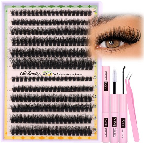 Fluffy Lash Clusters Kit Thick Eyelash Clusters Individual Wispy Volume Lash Extension Kit 10-20MM Cluster Eyelash Extensions with Lash Glue Bond and Seal Tweezers (70D+80D) by Newcally