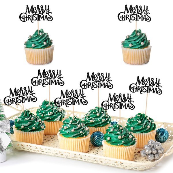 24 Pack Black Merry Christmas Cupcake Toppers Glitter Christmas Holiday Cupcake Picks Merry Christmas Xmas Theme Party Cake Decorations Supplies