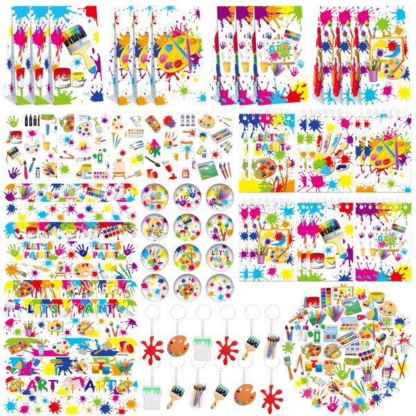 121PCS Art Party Favors Set, Paint Party Favors for Kids, 49 Stickers, 12 Tattoo Stickers, 12 Button Badges, 12 Mini Notepads, 12 Slap Bracelets, 12 Keychains, 12 Goodie Bags for Boys Girls Painting