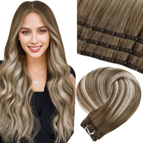 LaaVoo Beaded Weft Hair Extensions Human Hair Balayage Microbead Hair Extensions Ash Brown Ombre Platinum Blonde 18inch Micro Bead Weft Hair Extensions Silky Straight 50g