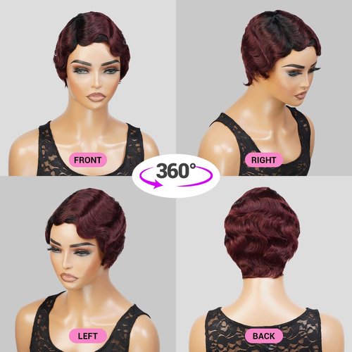 INSTANT FAB Finger Wave Human Hair Wigs for Black Women Short Mommy Wig Curly Remi Human Hair Wig Pixie Cut Wigs Nuna Wigs Non Lace Front Wigs (OT1B/99J)