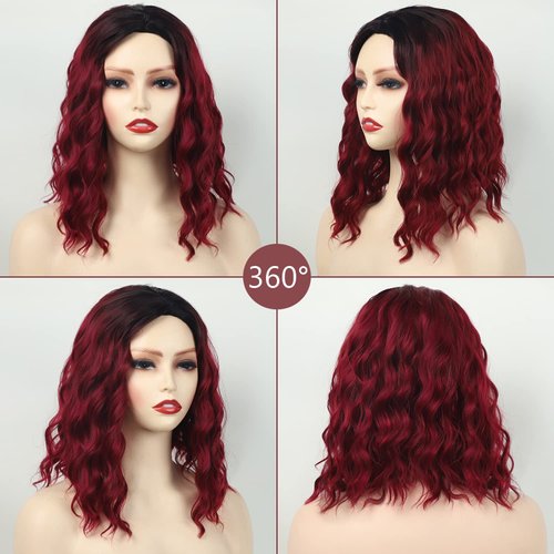 SEVENCOLORS Short Burgundy Curly Wigs for Black Women Natural Wavy Ombre Wine Red Wig Synthetic Hair Shoulder Length Bob Wigs