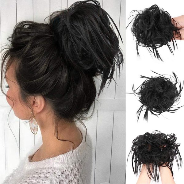 FORCUTEU Messy Bun Hair Piece Tousled Updo Hair Piece Scrunchies Synthetic Wavy Bun Extensions Rubber Band Elastic Scrunchie (2#(natural black))