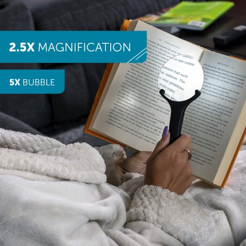WITHit Task Magnifier Black Rimless, 3.5” D – Desktop LED Magnifying Glass for Reading, 2.5X Magnifier with 5X Bubble, Soft Touch Handle, AAA Batteries Included