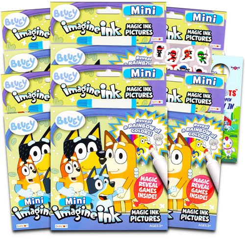 Bluey Imagine Ink Coloring Book Set for Kids - 6 Pack No-Mess Magic Ink Coloring Books featuring Bluey with Stickers and Door Hanger | Bluey Party Favors Bundle
