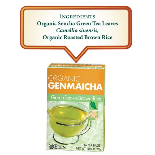Eden Genmaicha Organic Green Tea, Sencha Green Tea with Roasted Organic Brown Rice, Japanese, 16 Unbleached Manila Tea Bags/Box (3-Pack)