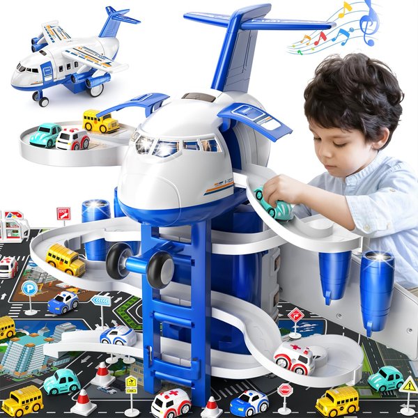 TEMI Kids Airplane Toys Race Track Car Toys for 3 4 5 6 7 Boys - Transport Plane Adventure Car Toys for Toddler Age 2-6 with 8 City Cars, Garage Parking Lot Playmat, Birthday Gift for Girls