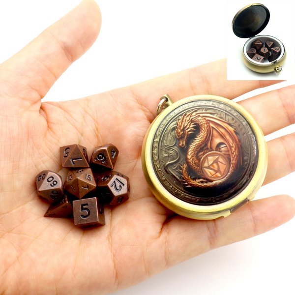 Haxtec Mini Dice Set with Keychain Dice Case 10mm Mini Metal DND Dice Antique Copper Metal Dice Set D&D Portable 7PCS Dice Set DND Gift Stocking Stuffers
