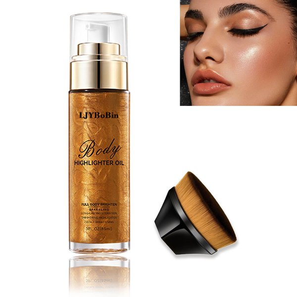 Bronze Shimmer Body Oil with Brush Kit,Waterproof Long Lasting Moisturizing Body Oil for Shimmering Skin on Any Part of The Body,Smooth Non-Sticky Summer Body Shimmer Oil for All Skin Types