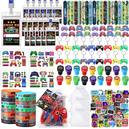 RoundFunny 212 Pcs Video Game Party Favors Birthday Supplies for Kids Rings Finger Lights Badge Keychain Bracelet Sticker Tattoo Stamper Bag Wristband for Kids Gamer Party Bag Rewards Gift