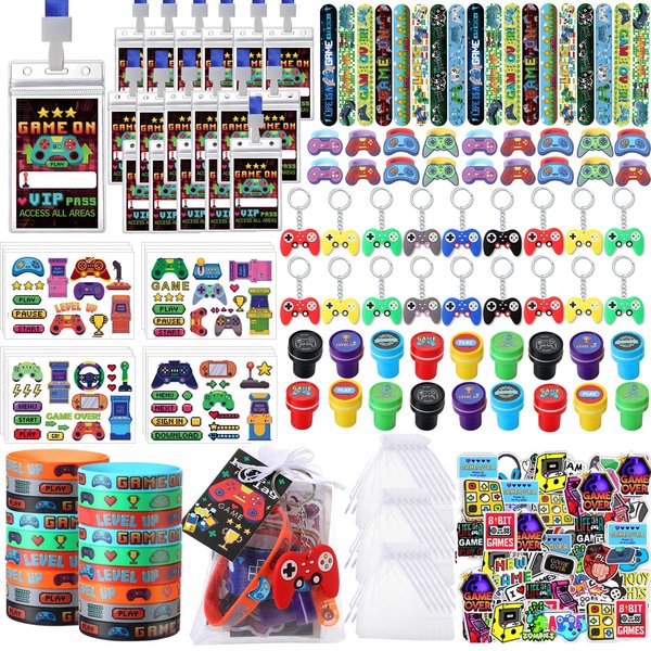 RoundFunny 212 Pcs Video Game Party Favors Birthday Supplies for Kids Rings Finger Lights Badge Keychain Bracelet Sticker Tattoo Stamper Bag Wristband for Kids Gamer Party Bag Rewards Gift