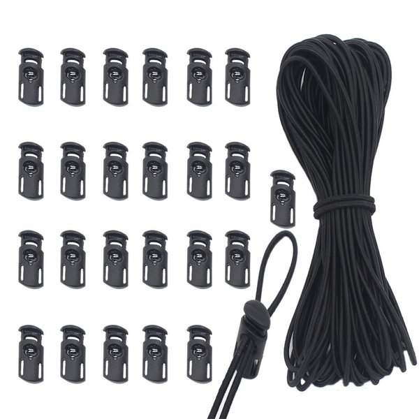 YaHoGa 25 pcs Cord Locks Spring Toggle Stopper + 10 Yards 1/8 Inch Cord Stretch String for Drawstring, Shoelaces, Clothing, Backpack, Bags (Black)