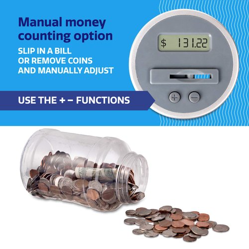 M&R Digital Counting Coin Bank. Batteries Included! Personal Coin Counter/Money Clear jar, Silver Top totals up Your Savings- Works with All U.S. Coins-in Retail Packaging.