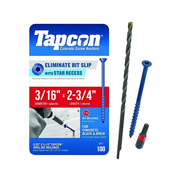 Tapcon 3/16" x 2-3/4" Star Torx Head Concrete Anchor Screws 3175407V2 | 100 Pack | Drill Bit Included