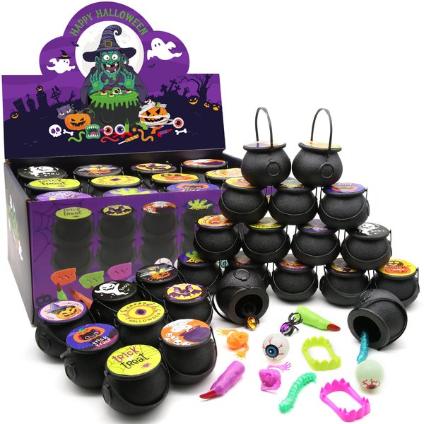 SURCVIO 144 PCS Halloween Party Favors 24 Pack Prefilled Small Plastic Witch Cauldron Halloween Toys in Bulk Halloween Prizes Gifts Miniatures for Kids Trick or Treat Halloween Party Prizes Toys