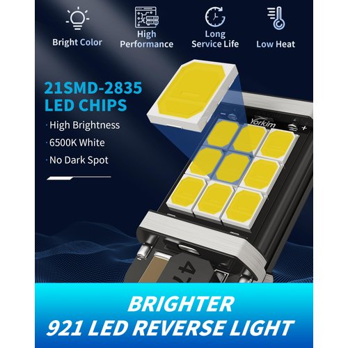 Yorkim 921 LED Bulb 6000K White 921 led reverse lights Bright 21-SMD 2835 Chips Error Free T15 led Backup Light Bulbs 906 904 902 W16W 912 led lights for car, Pack of 2