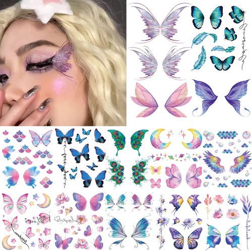 Onogola Glitter Butterfly Makeup Temporary Tattoos for Women Girls, 13Sheets Colorful Butterflies Wings Fake Tattoo Stickers Waterproof for Face Eye Makeup Birthday Party Favors Gifts
