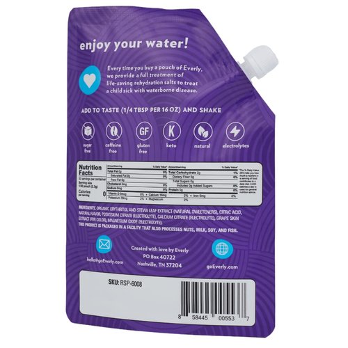 Everly Grape Hydration - Drink Mix Powder, Sugar Free, Natural Sweeteners (Stevia & Organic Erythritol), No Calories, Keto Diet, Water Flavoring and Water Enhancer – Pouch, 30 servings