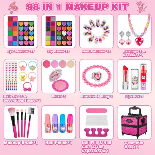 98 Pcs Kids Makeup Kit for Girls, Princess Toys Real Washable Cosmetics Set with Mirror, Hair Ties, Nails, Rings, Earrings, Necklace, Perfect for 3 4 5 6 7 8 Year Old Girls Birthday