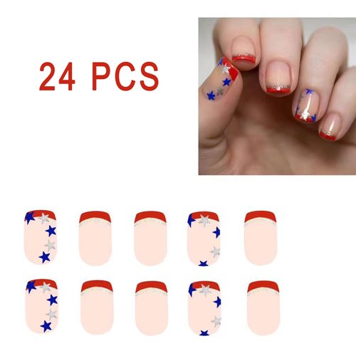 24Pcs 4th of July Press on Nails Short Square Fake Nails Independence Day Stick on Nails Red Glitter French Glue on Nails Glitter Star American Flag Design False Nails for Women DIY Acrylic Decoration