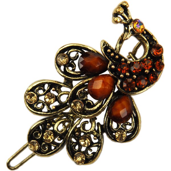 Peacock Amber Rhinestone Hair Barrette- 2"+ Gift Bag