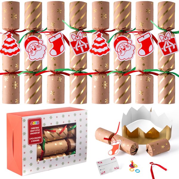 JOYIN 8 Pcs 10” Christmas Party Table Favor with Classic Design, with Party Hat, Joke & Little Gift Inside, for Xmas Gift, Christmas Seasonal Holiday Dinner Traditions