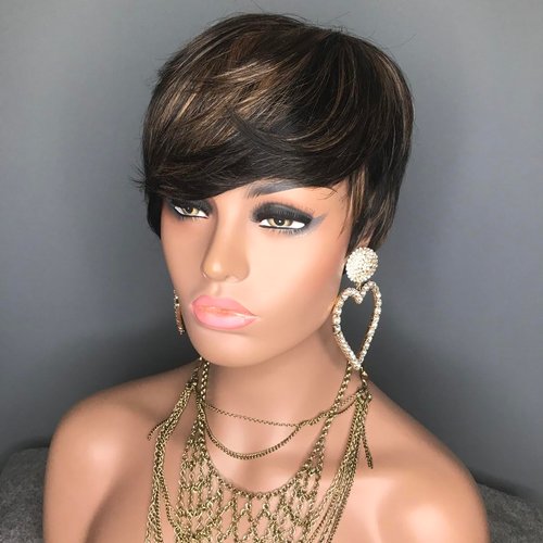 HOTKIS Pixie Wigs for Blakc Women Short Human Hair Wigs Short Brown Pixie Cut Wig Human Hair Short Wigs Human Hair with Bangs Straight Pixie Wig Highlight 1B/30#